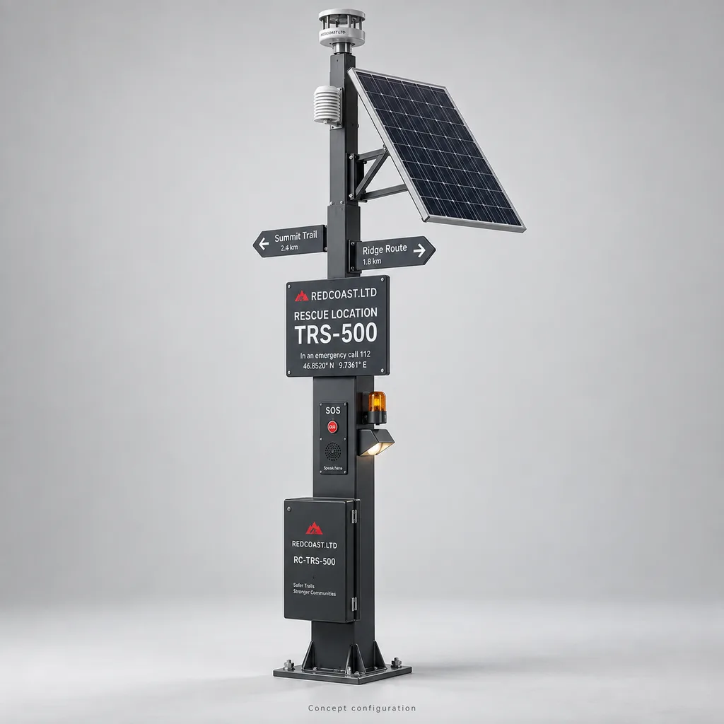 Mountain Trail Safety Pole with SOS Intercom, Weather Monitoring and Rescue Location Codes