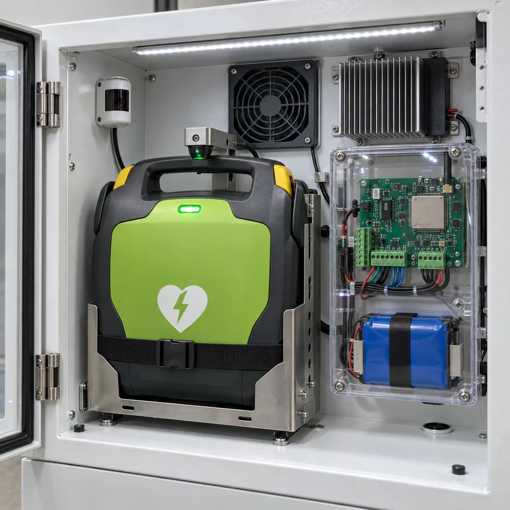 Smart Outdoor AED Cabinet & Connected Public Access Defibrillator Station (Mains-Powered, Climate-Controlled)