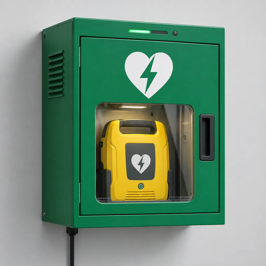 Smart Outdoor AED Cabinet & Connected Public Access Defibrillator Station (Mains-Powered, Climate-Controlled)