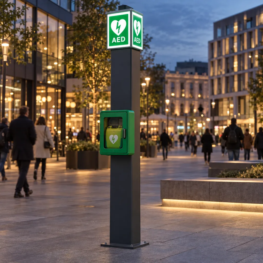 Smart Outdoor AED Cabinet & Connected Public Access Defibrillator Station (Mains-Powered, Climate-Controlled)