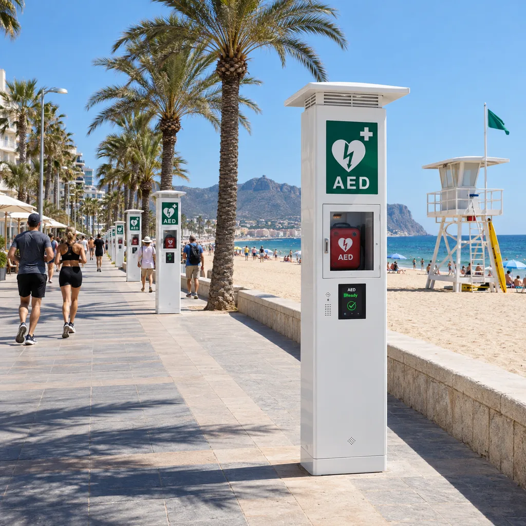 Smart Outdoor AED Cabinet & Connected Public Access Defibrillator Station (Mains-Powered, Climate-Controlled)