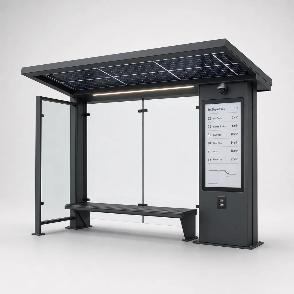 Off-Grid Solar Smart Bus Shelter with E-Paper Passenger Info, AI Camera & USB Charging
