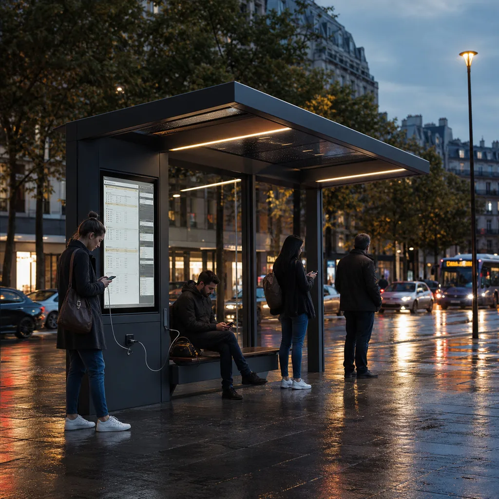 Off-Grid Solar Smart Bus Shelter with E-Paper Passenger Info, AI Camera & USB Charging