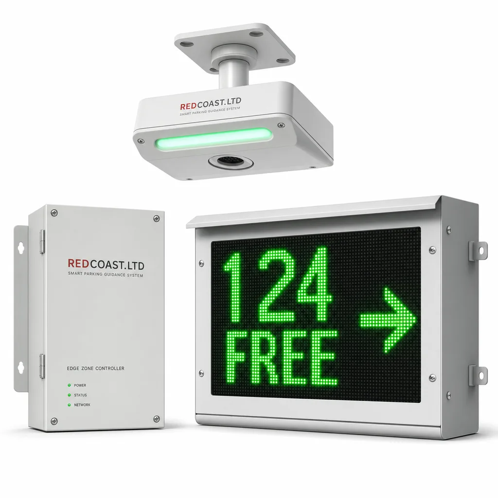 Grid-Powered Smart Parking Guidance & Management System (Per-Bay Sensors, LED Count Signs, ANPR, Cloud & Driver App)