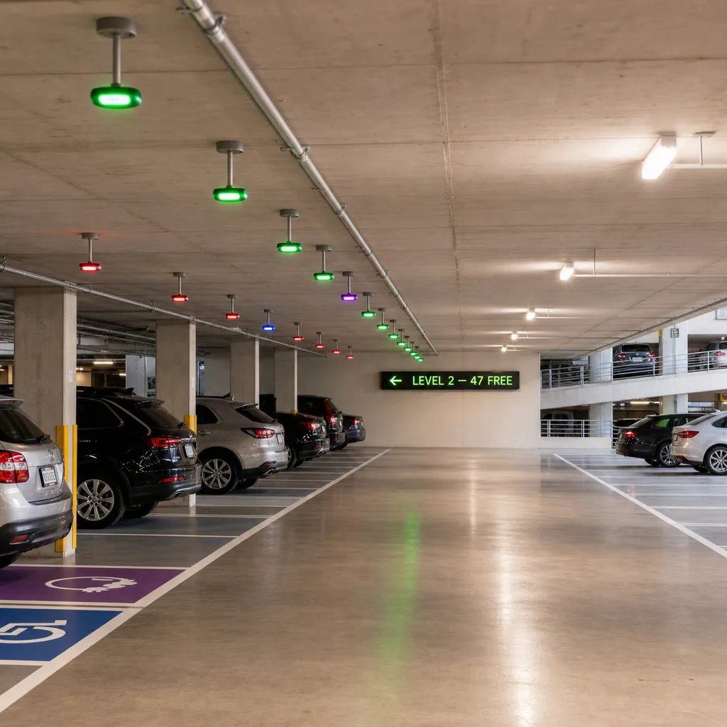 Grid-Powered Smart Parking Guidance & Management System (Per-Bay Sensors, LED Count Signs, ANPR, Cloud & Driver App)