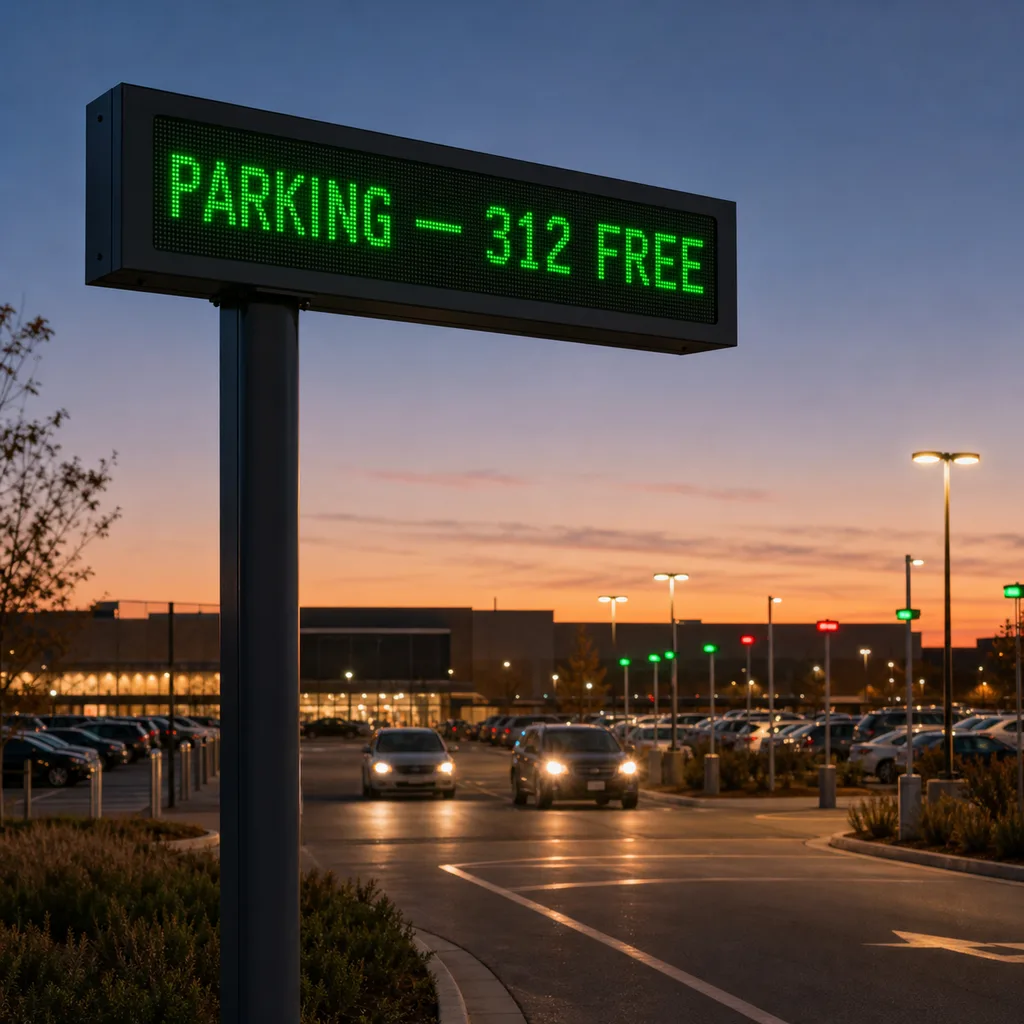 Grid-Powered Smart Parking Guidance & Management System (Per-Bay Sensors, LED Count Signs, ANPR, Cloud & Driver App)