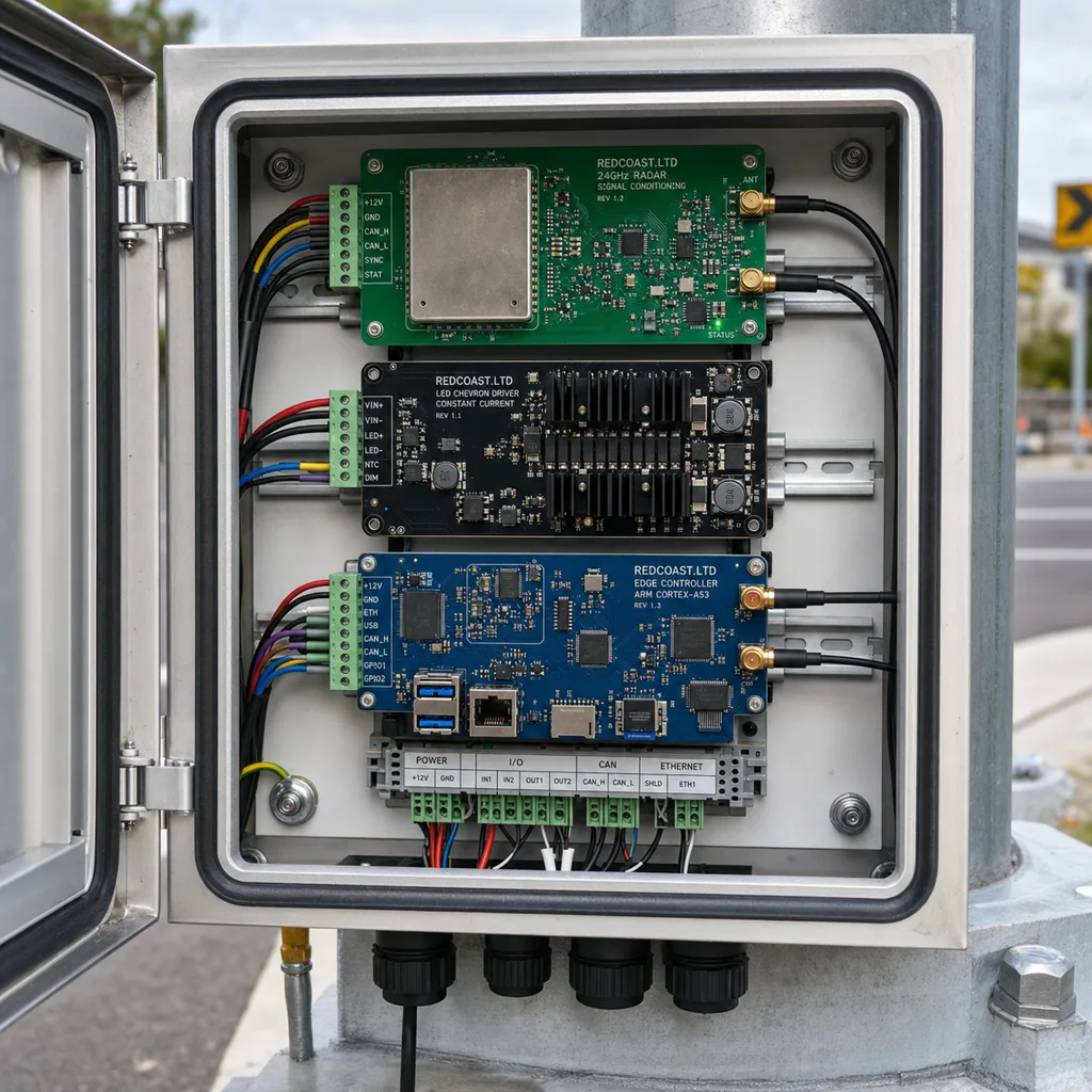 Sequential Dynamic Curve Warning System with Radar Trigger and Networked LED Chevrons