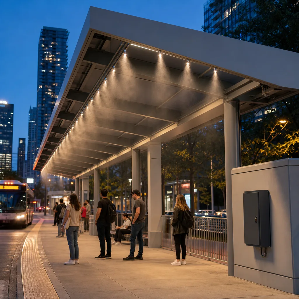Smart High-Pressure Misting & Outdoor Cooling System for Public Spaces (Urban Heat Mitigation)