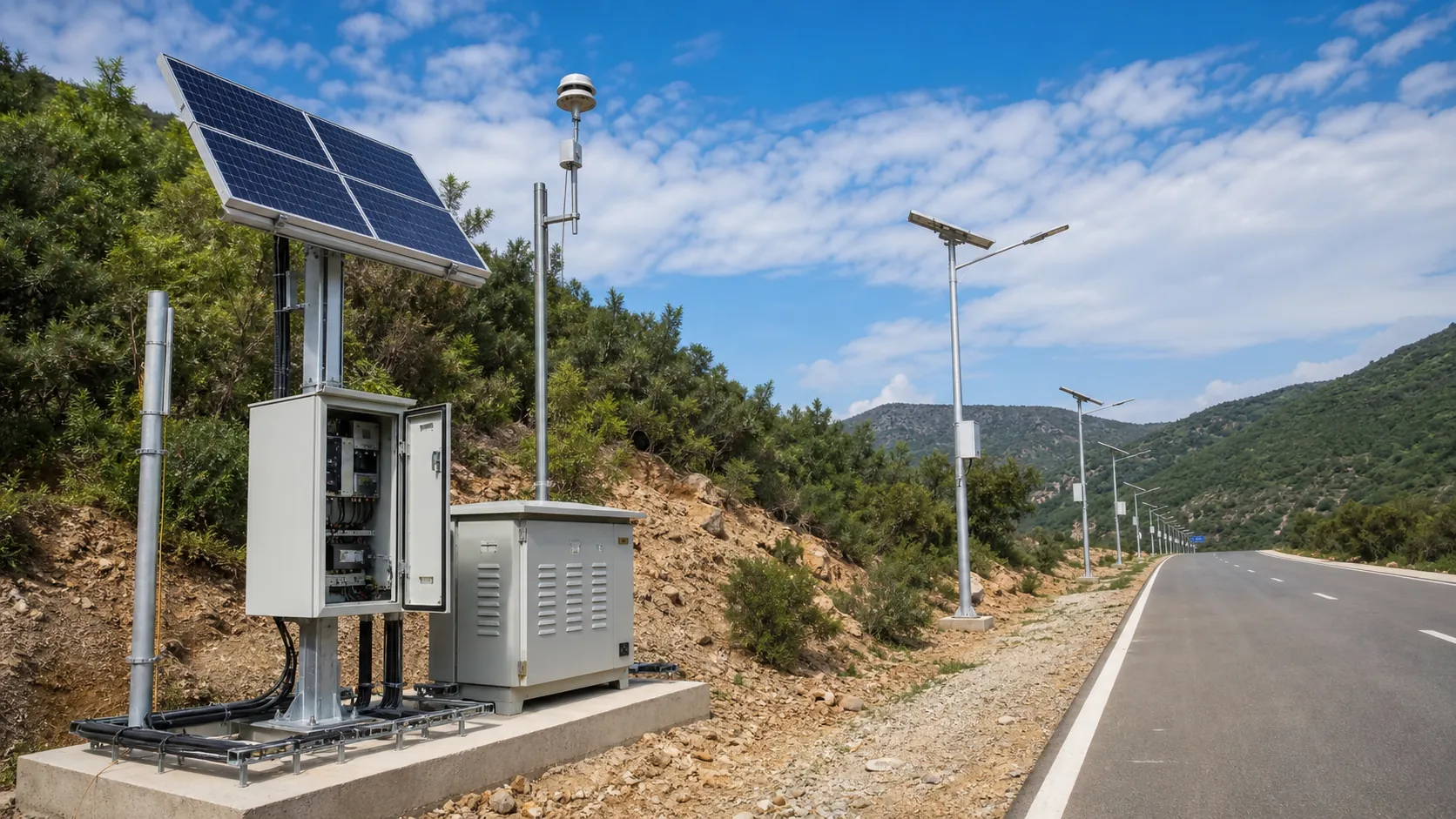 Outdoor logistics area with solar-powered IoT infrastructure and monitoring devices